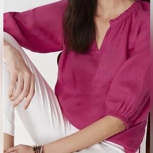 J. Jill Love Linen Pink Peasant Blouse Short Sleeve V-Neck Women's Size Large